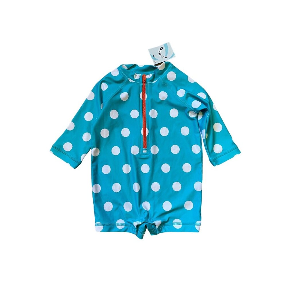 NWT 3-6M Primary Baby One-piece Rash Guard in Dot Peacock and Ivory Bold Dot